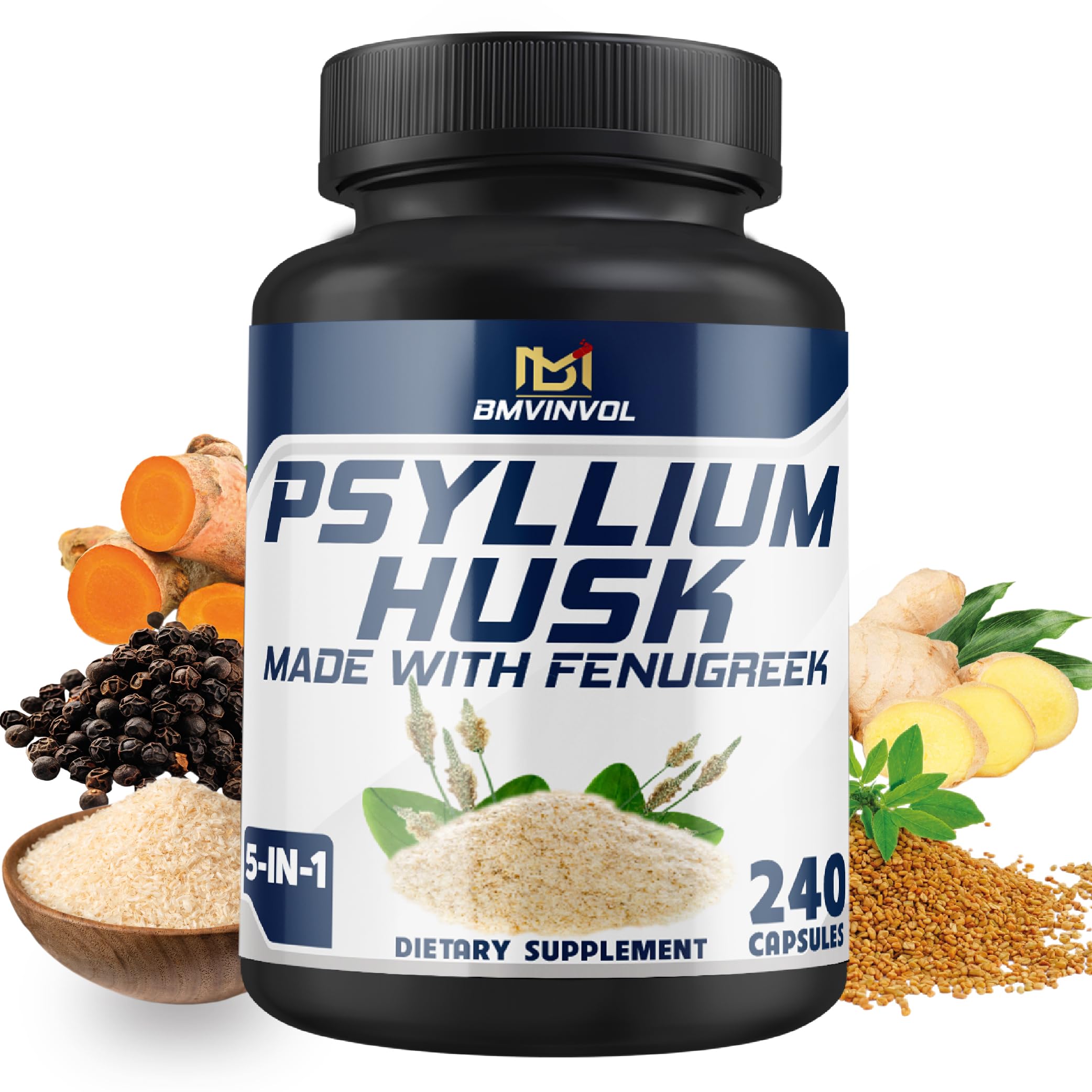 BMVINVOL psyllium husk capsules bottle for daily digestive support.