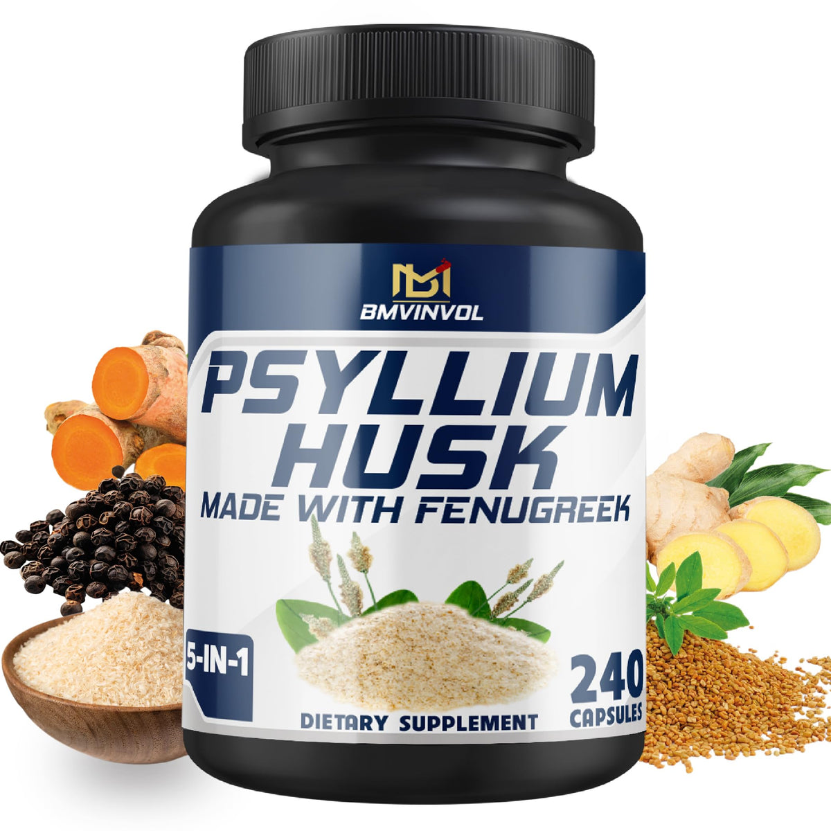 BMVINVOL psyllium husk capsules bottle for daily digestive support.