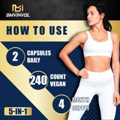 BMVINVOL psyllium husk capsules ingredients label and capsule visuals.