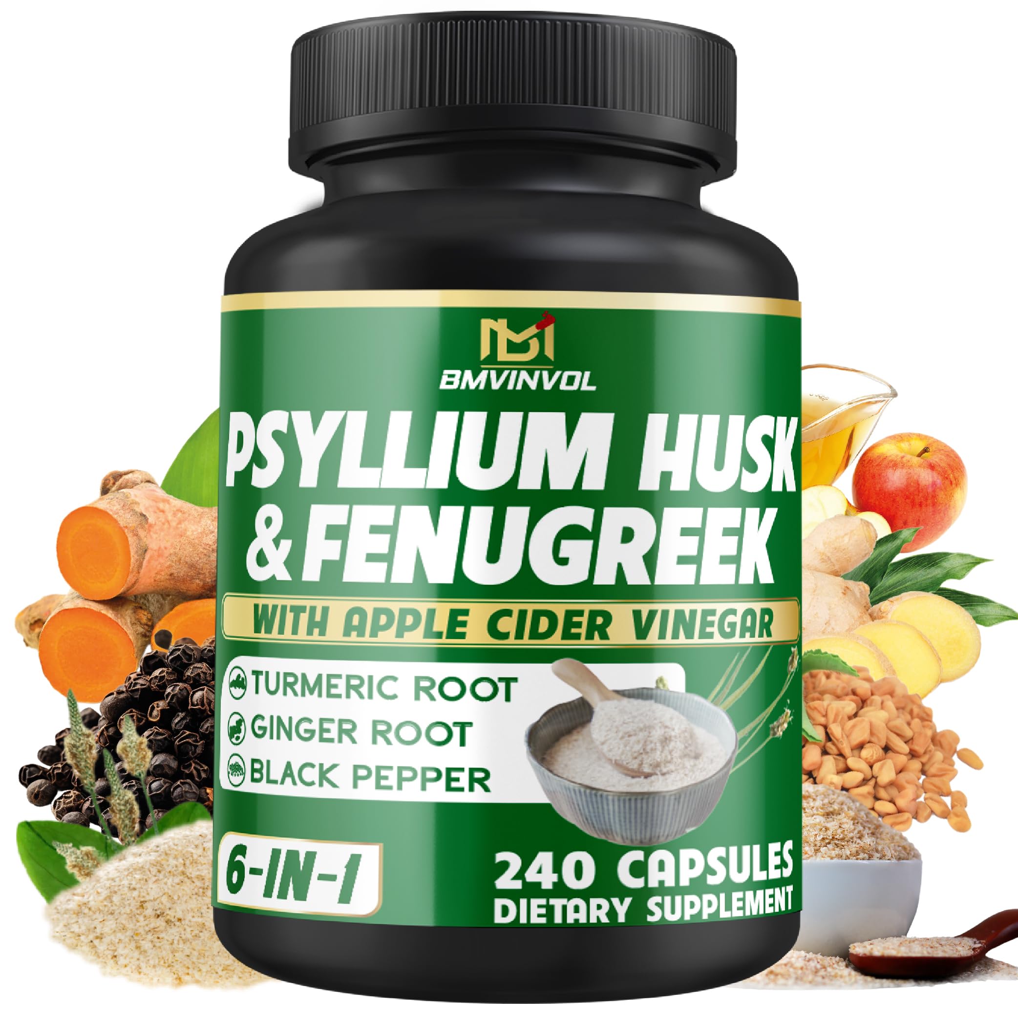 BMVINVOL Psyllium Husk fiber capsules shown in bottle for daily digestion support