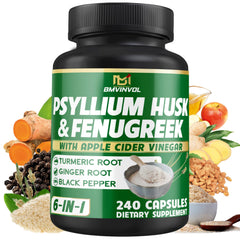 BMVINVOL Psyllium Husk fiber capsules shown in bottle for daily digestion support