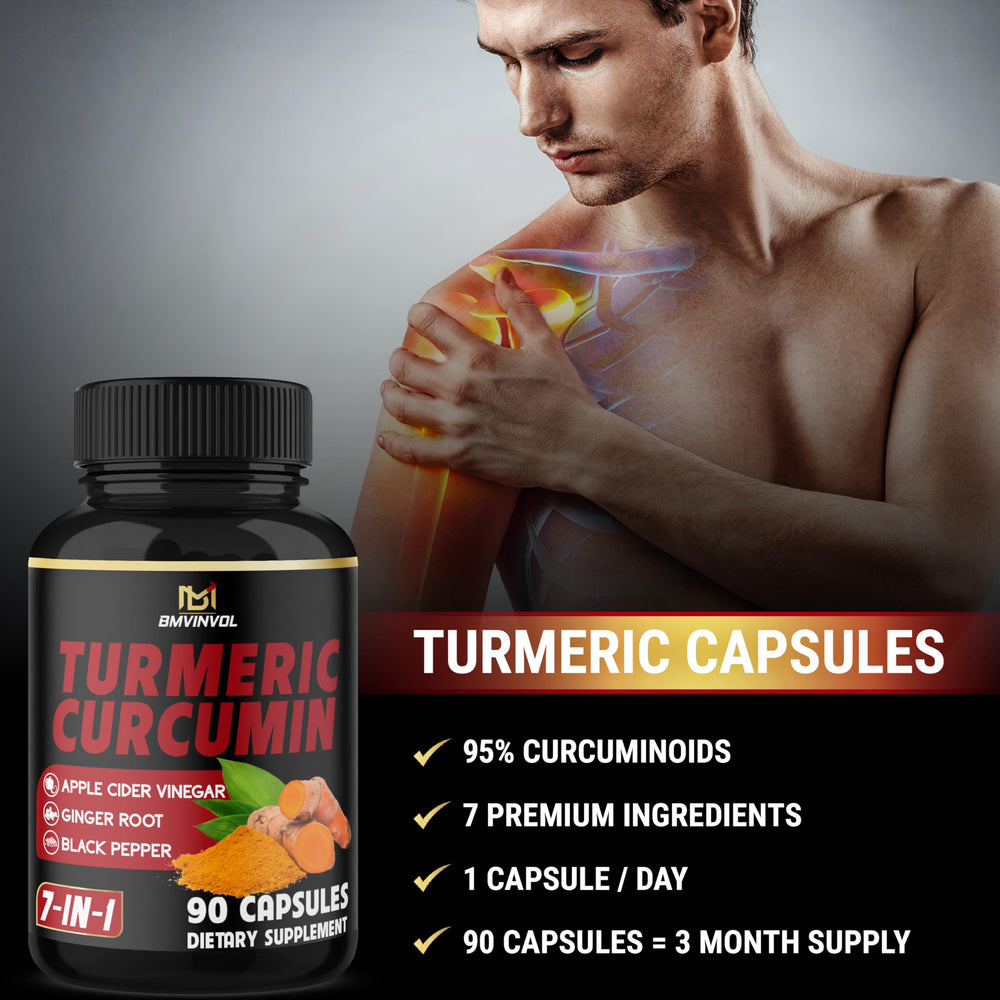BMVINVOL Turmeric Curcumin capsule label showing 7-in-1 formula.