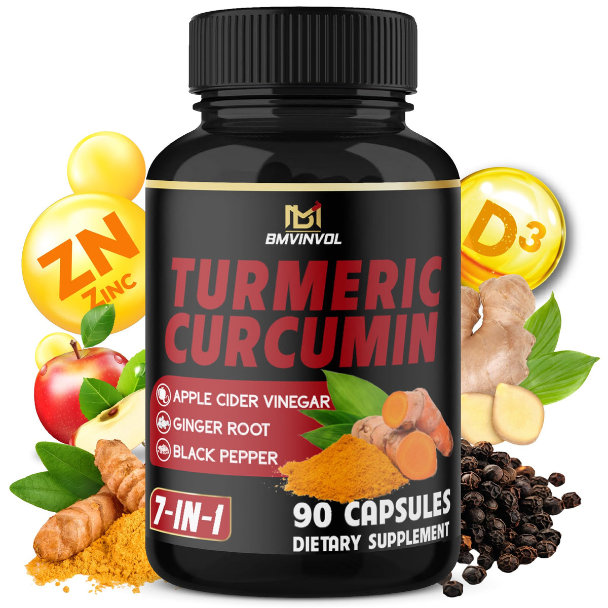 BMVINVOL Turmeric Curcumin bottle with capsules for daily immune support.