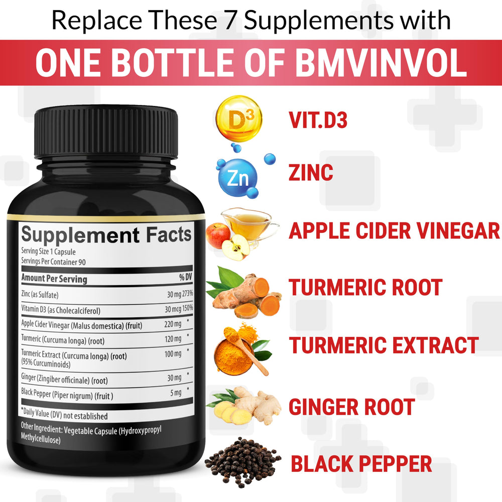 BMVINVOL Turmeric Curcumin bottle beside fresh ginger and black pepper for absorption.