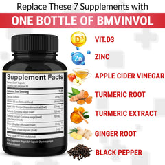 BMVINVOL Turmeric Curcumin bottle beside fresh ginger and black pepper for absorption.