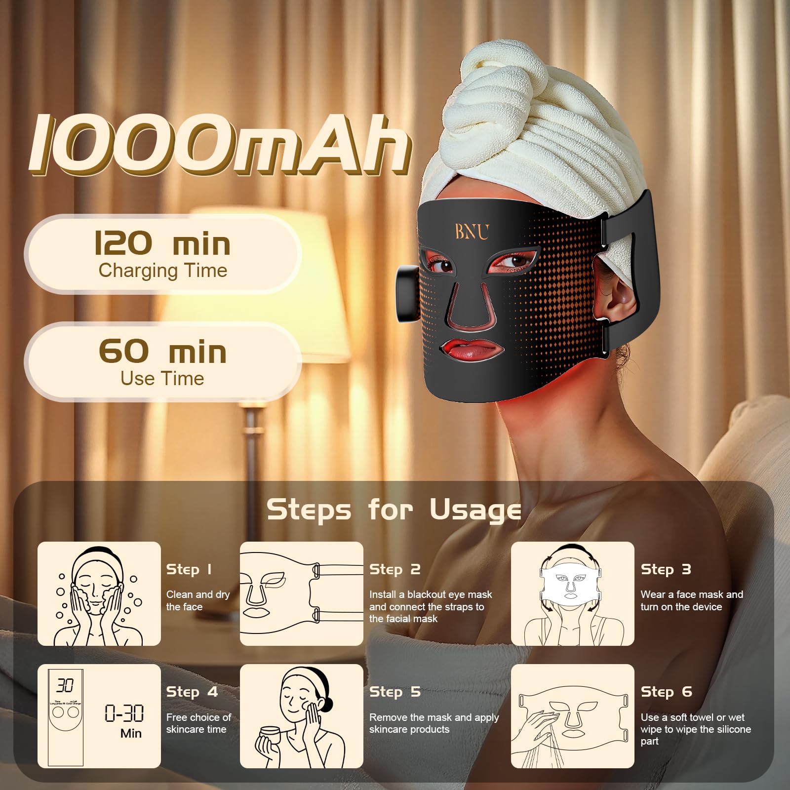 BNU yellow light mode brightening dull areas and reducing redness.