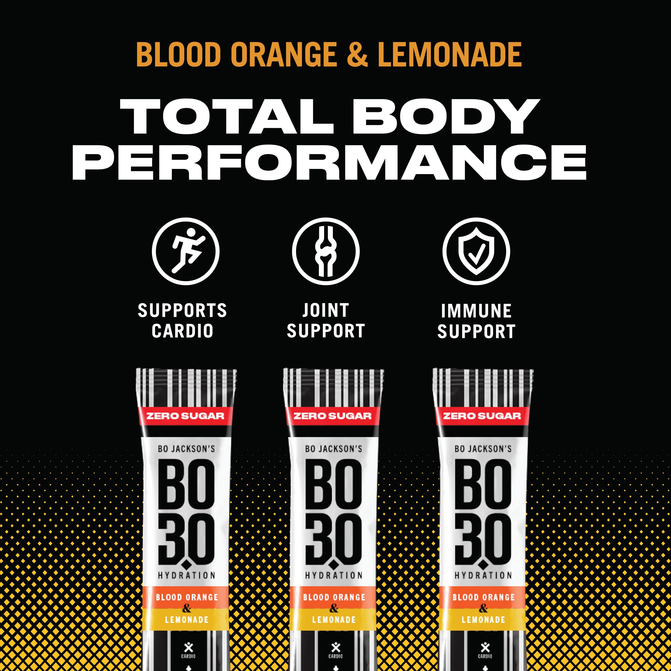 BO3.0 blood orange packet in water glass demonstrates zero sugar hydration.