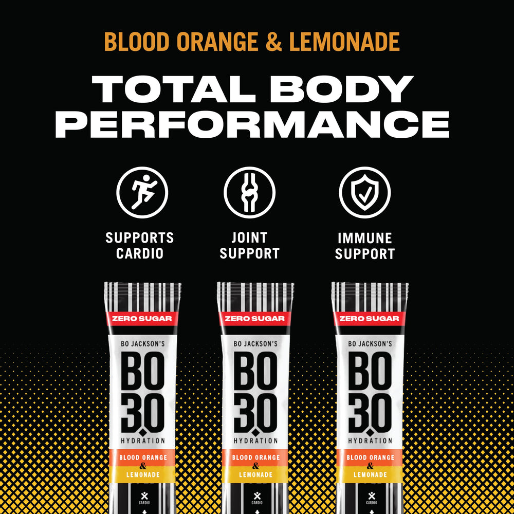 BO3.0 blood orange packet in water glass demonstrates zero sugar hydration.