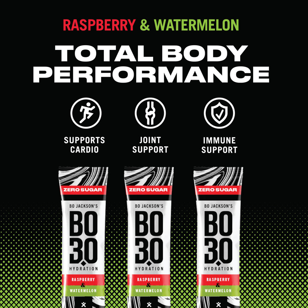 BO3.0 dissolved electrolytes in water showing bright raspberry-watermelon flavor and refreshing hydration.