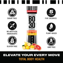 BO3.0 lemon packet in water glass demonstrates fasting-friendly hydration.
