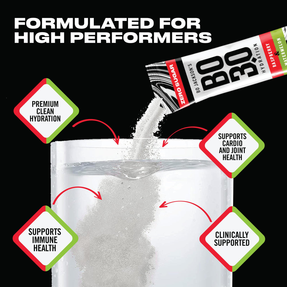 BO3.0 packet being poured into water for quick, zero-sugar hydration.