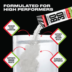 BO3.0 packet being poured into water for quick, zero-sugar hydration.