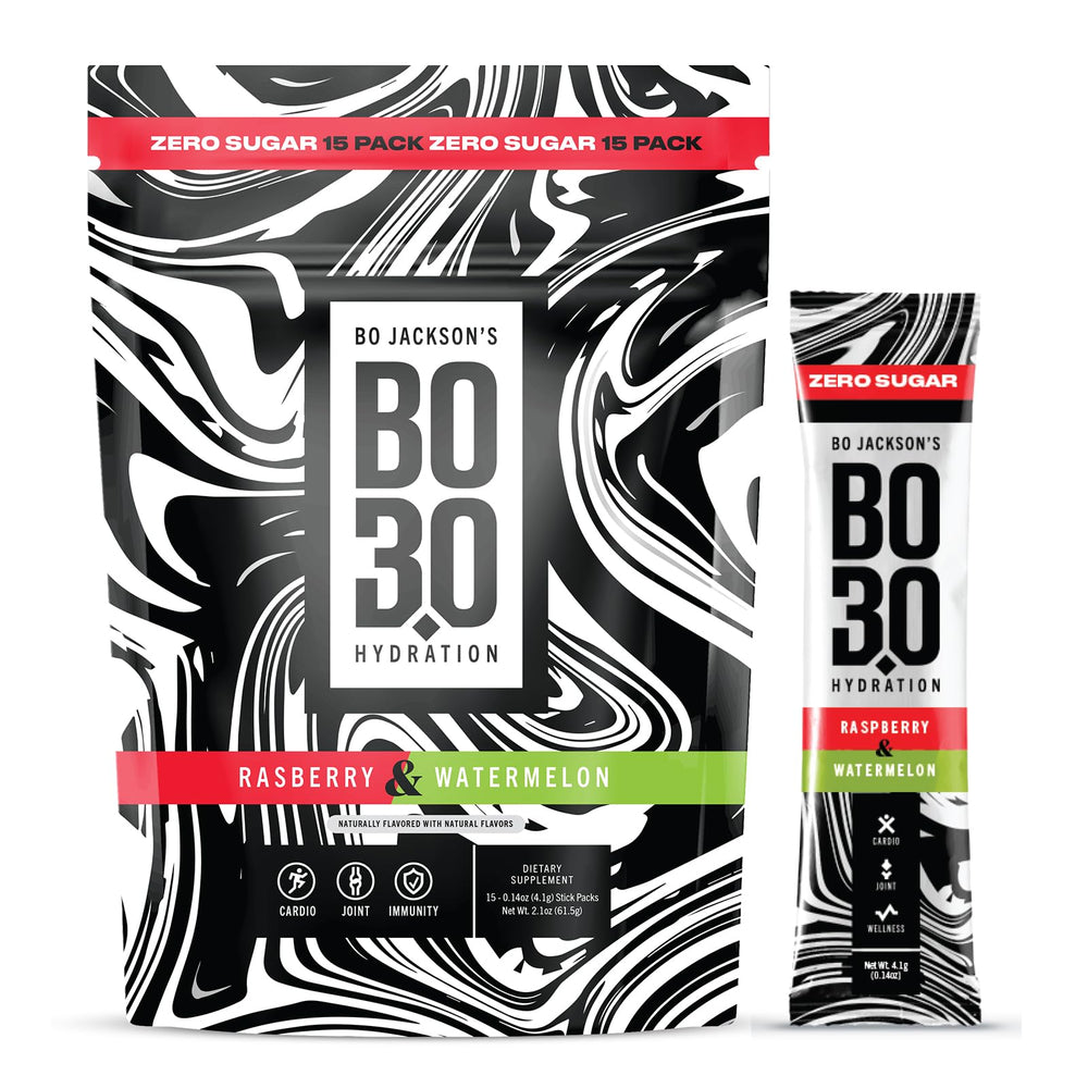 BO3.0 raspberry-watermelon packets ready for on-the-go hydration during workouts.