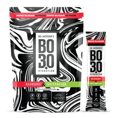 BO3.0 raspberry-watermelon packets ready for on-the-go hydration during workouts.
