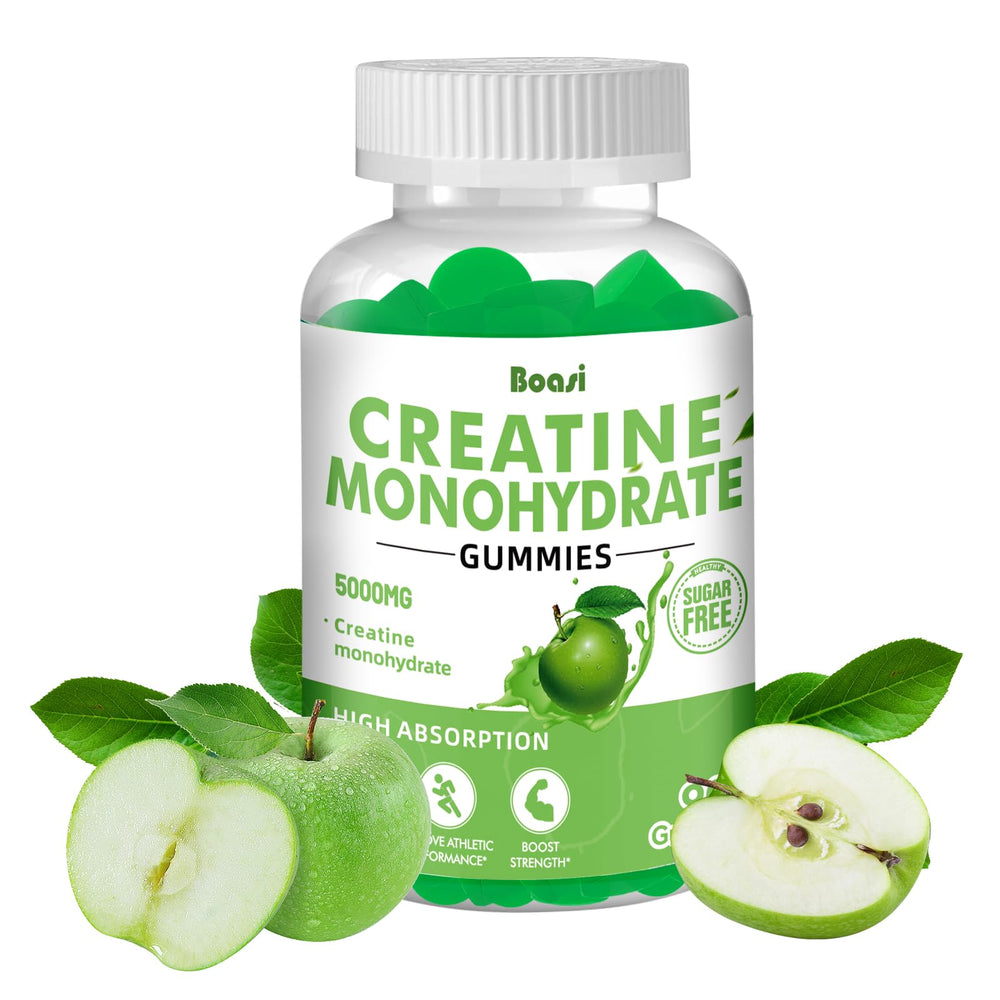 Boasi Creatine Monohydrate Gummies bottle front with 90 capsules for 45 servings, supports energy during workouts.