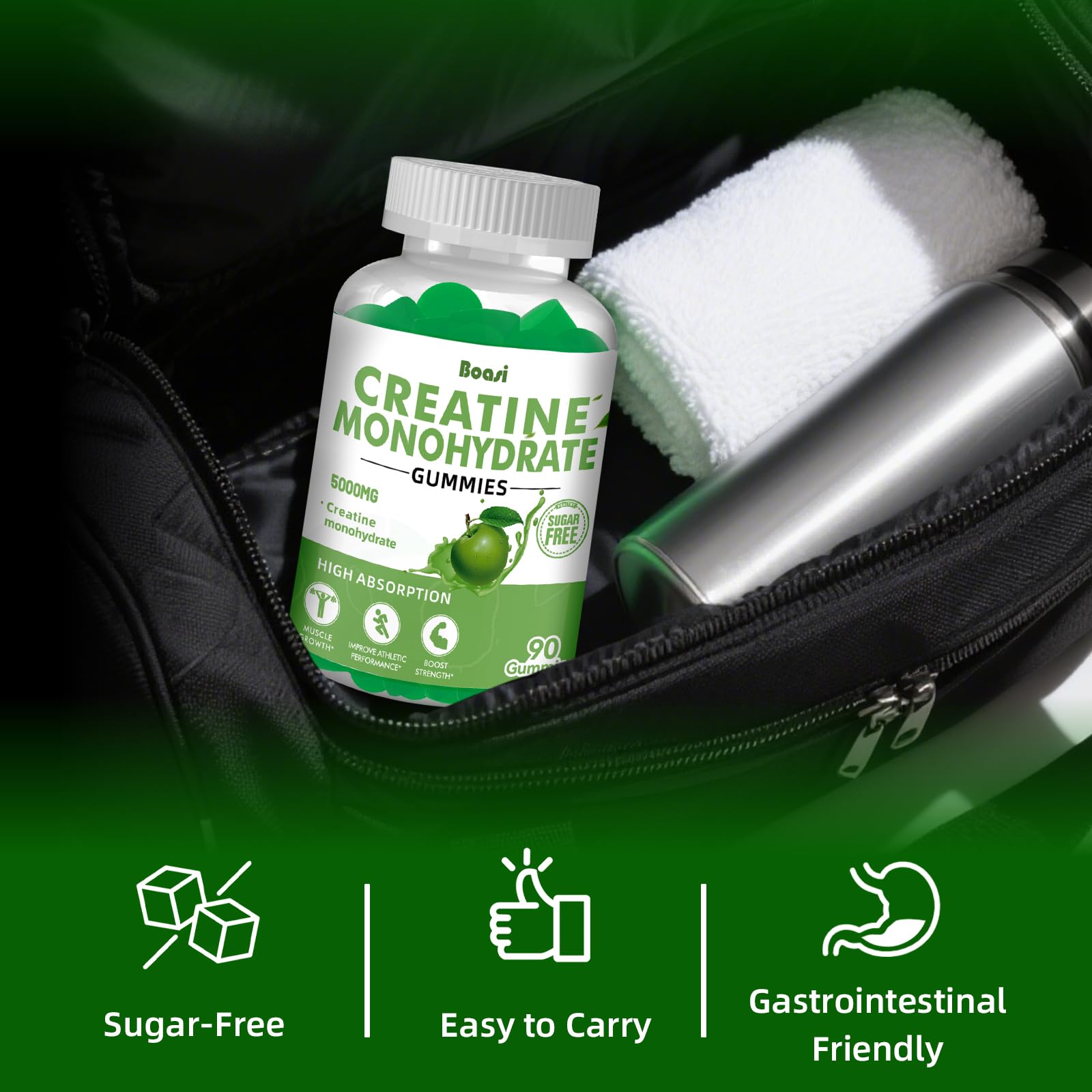 Boasi Creatine Monohydrate Gummies serving size image showing 5g per chew for daily support.
