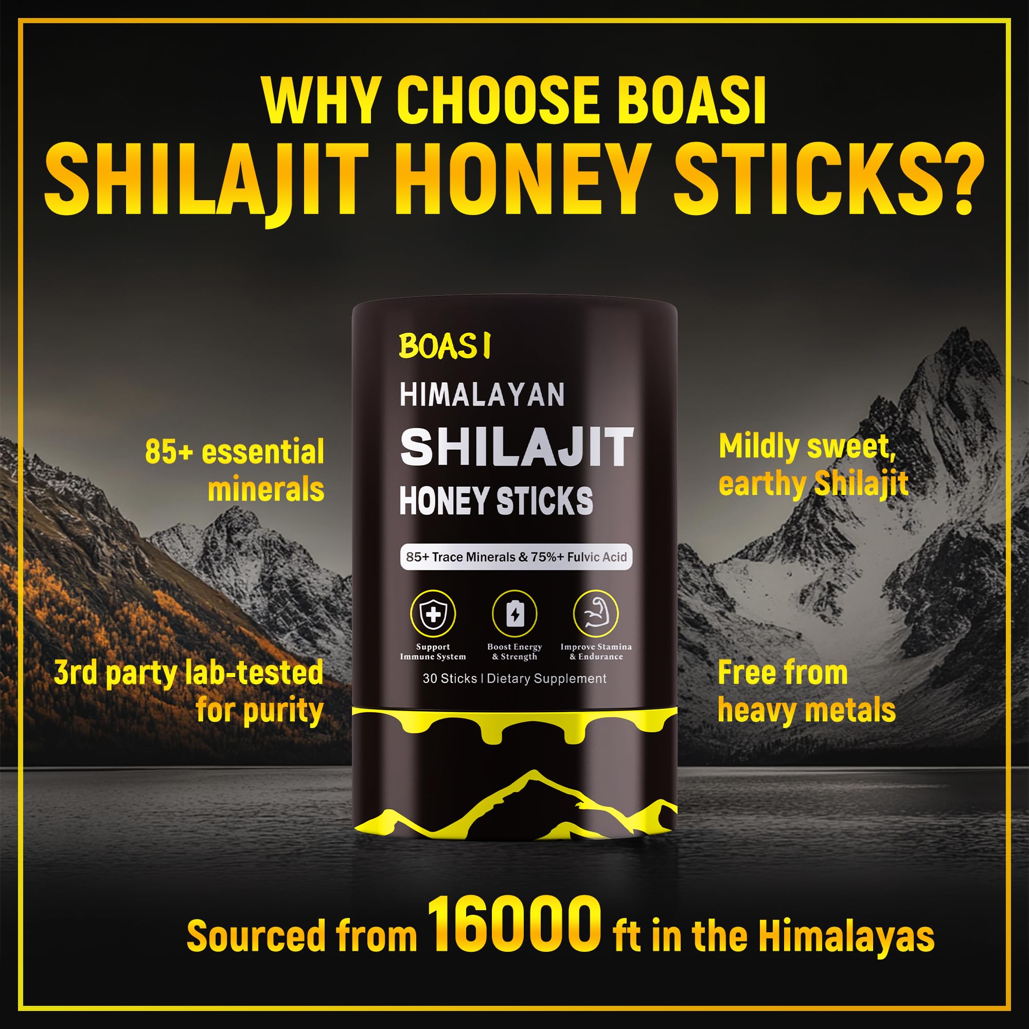 Label details of Boasi Shilajit Honey Sticks highlight organic saffron and minerals