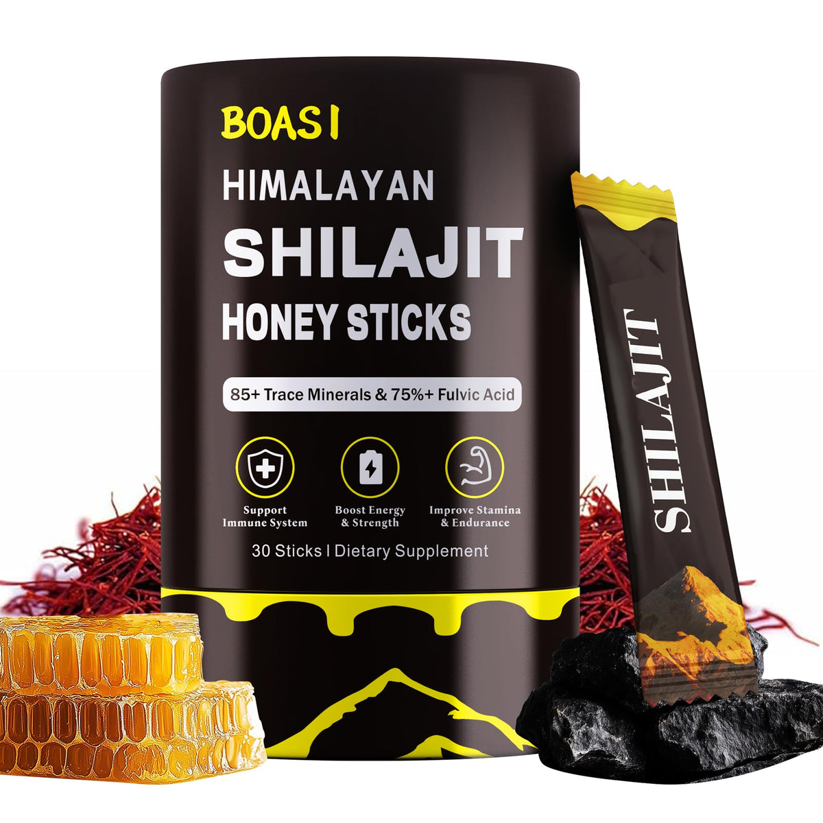 Boasi Shilajit Honey Sticks packaging shows premium wellness presentation