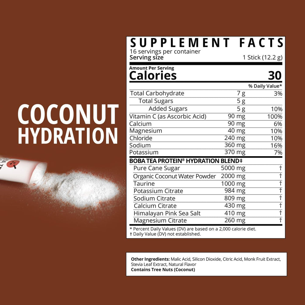Boba Tea Hydration coconut water powder close-up highlighting natural electrolytes