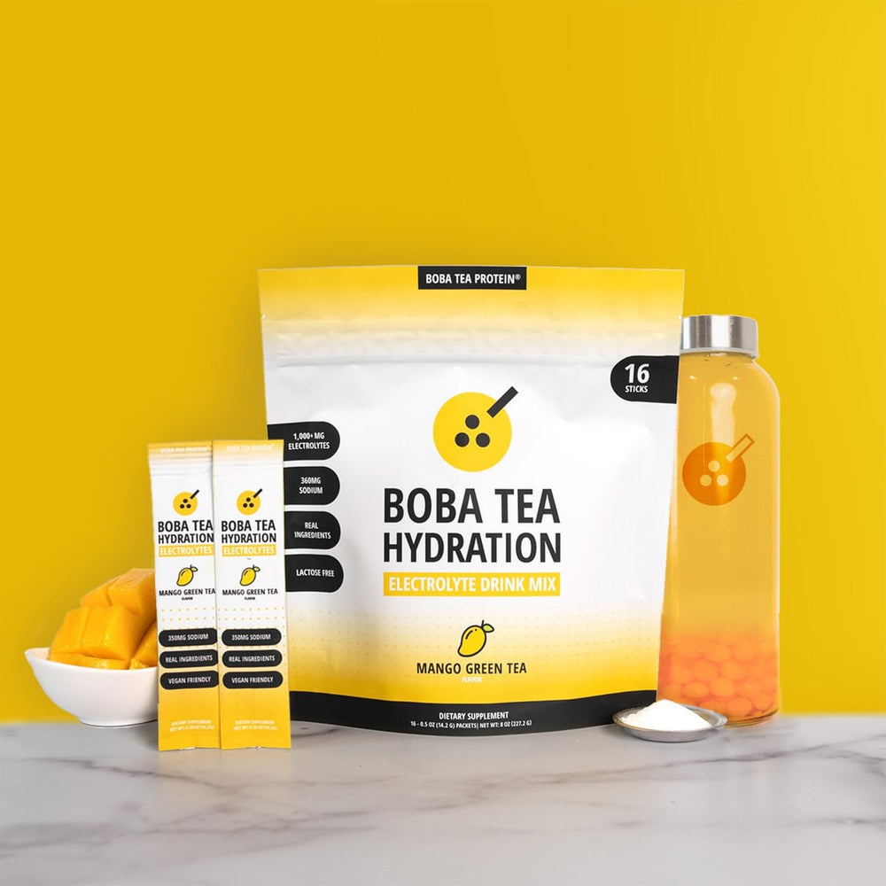 Boba Tea Protein label close-up highlighting electrolytes.