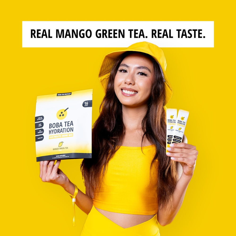 Boba Tea Protein mango green tea packaging on a table.