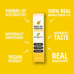 Boba Tea Protein powder-dispense shot, mango green tea mix in water.