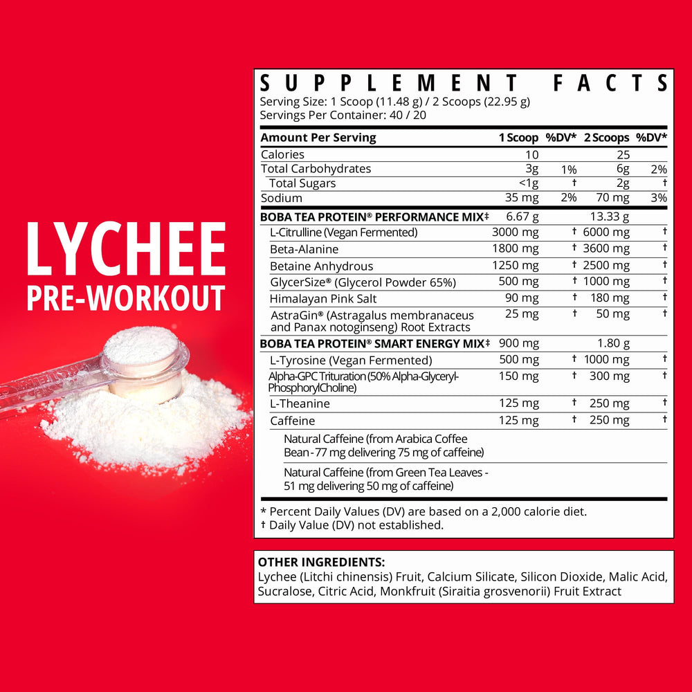 Scoop of lychee pre-workout powder ready to mix for steady energy.