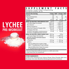 Scoop of lychee pre-workout powder ready to mix for steady energy.
