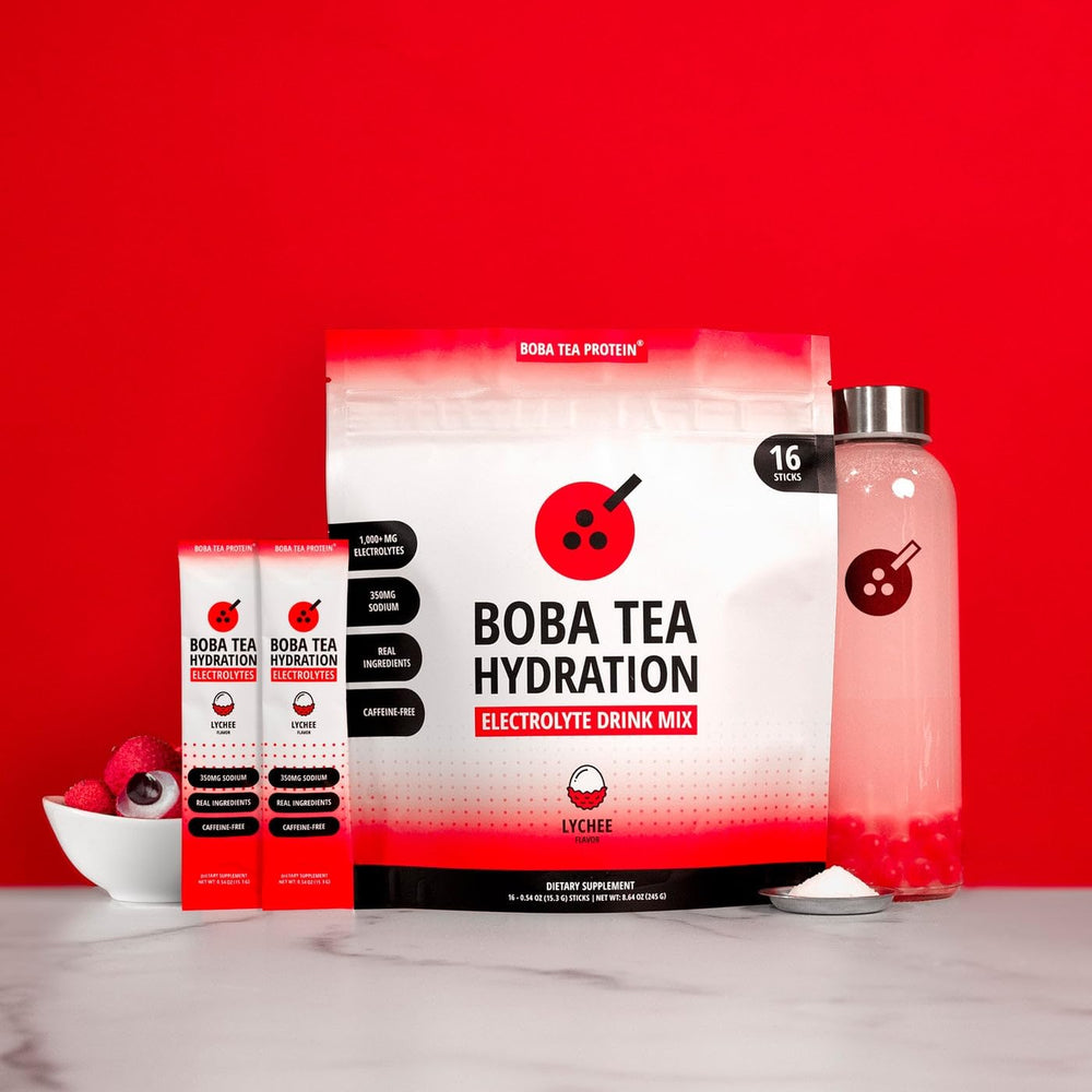 Boba Tea Protein lychee stick packets for on-the-go hydration