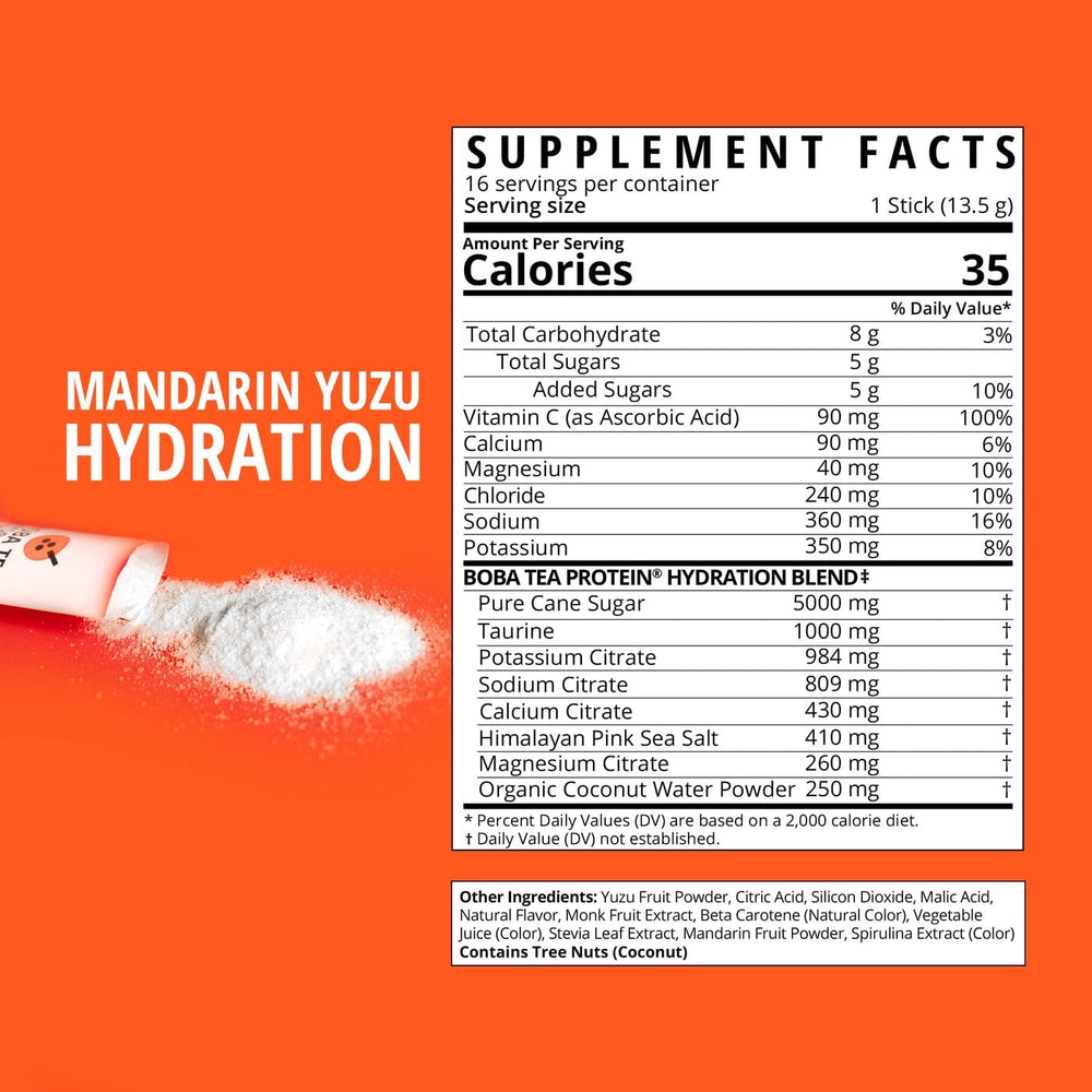 Boba Tea Protein Mandarin Yuzu flavor scoop highlighting citrus refreshment.