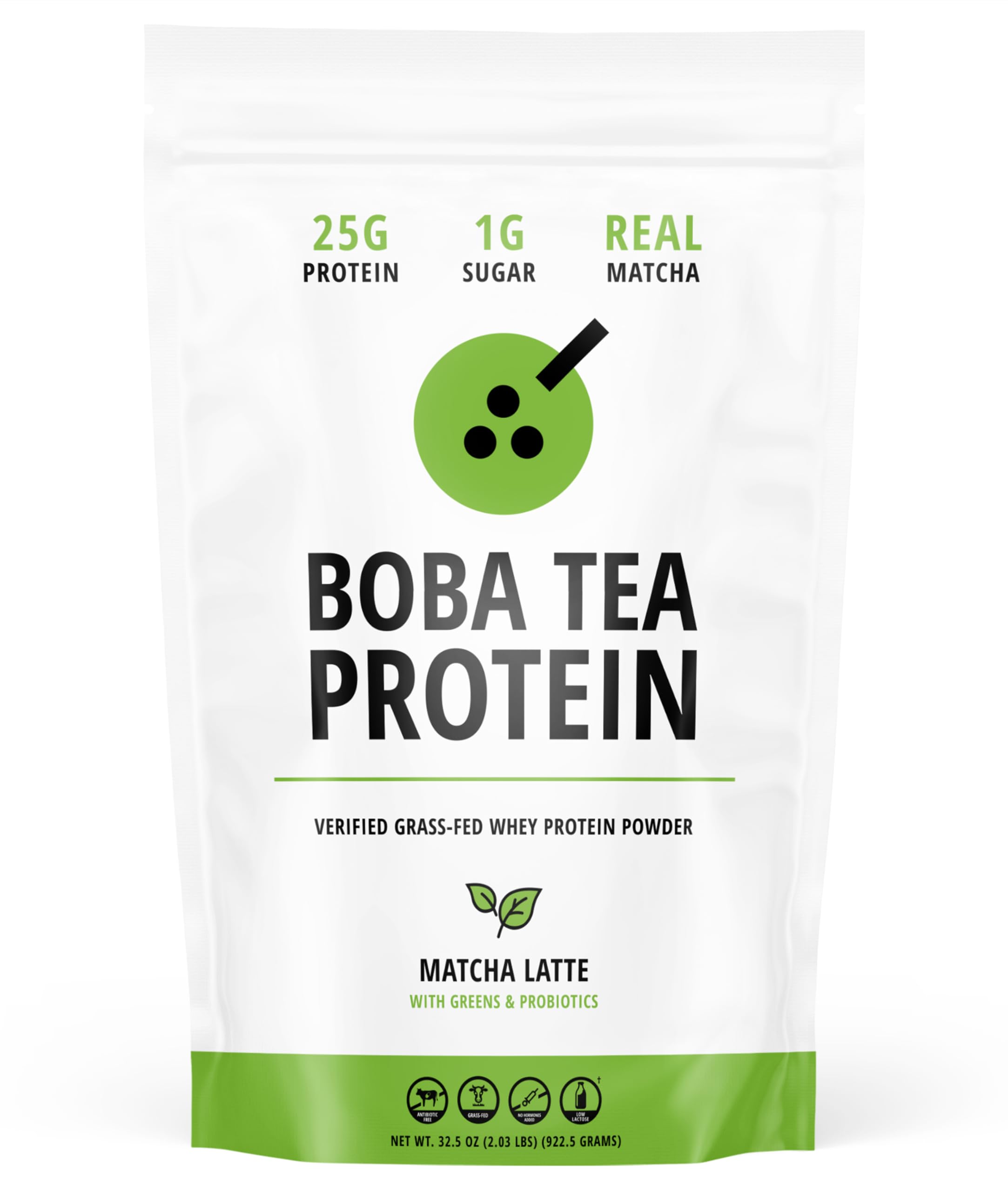Boba Tea Protein Matcha Latte bottle label highlights grass-fed whey for lean recovery.
