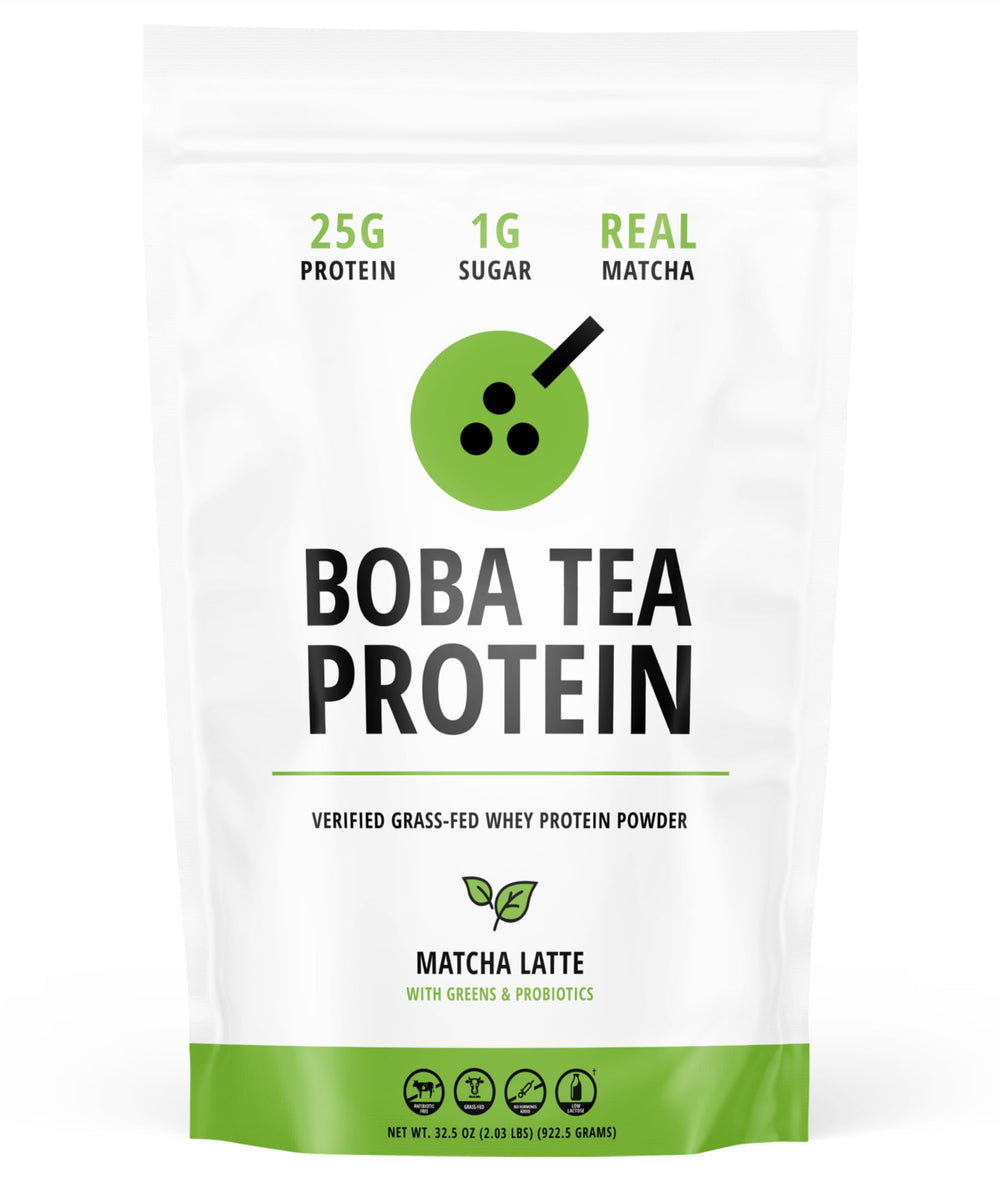 Boba Tea Protein Matcha Latte bottle label highlights grass-fed whey for lean recovery.