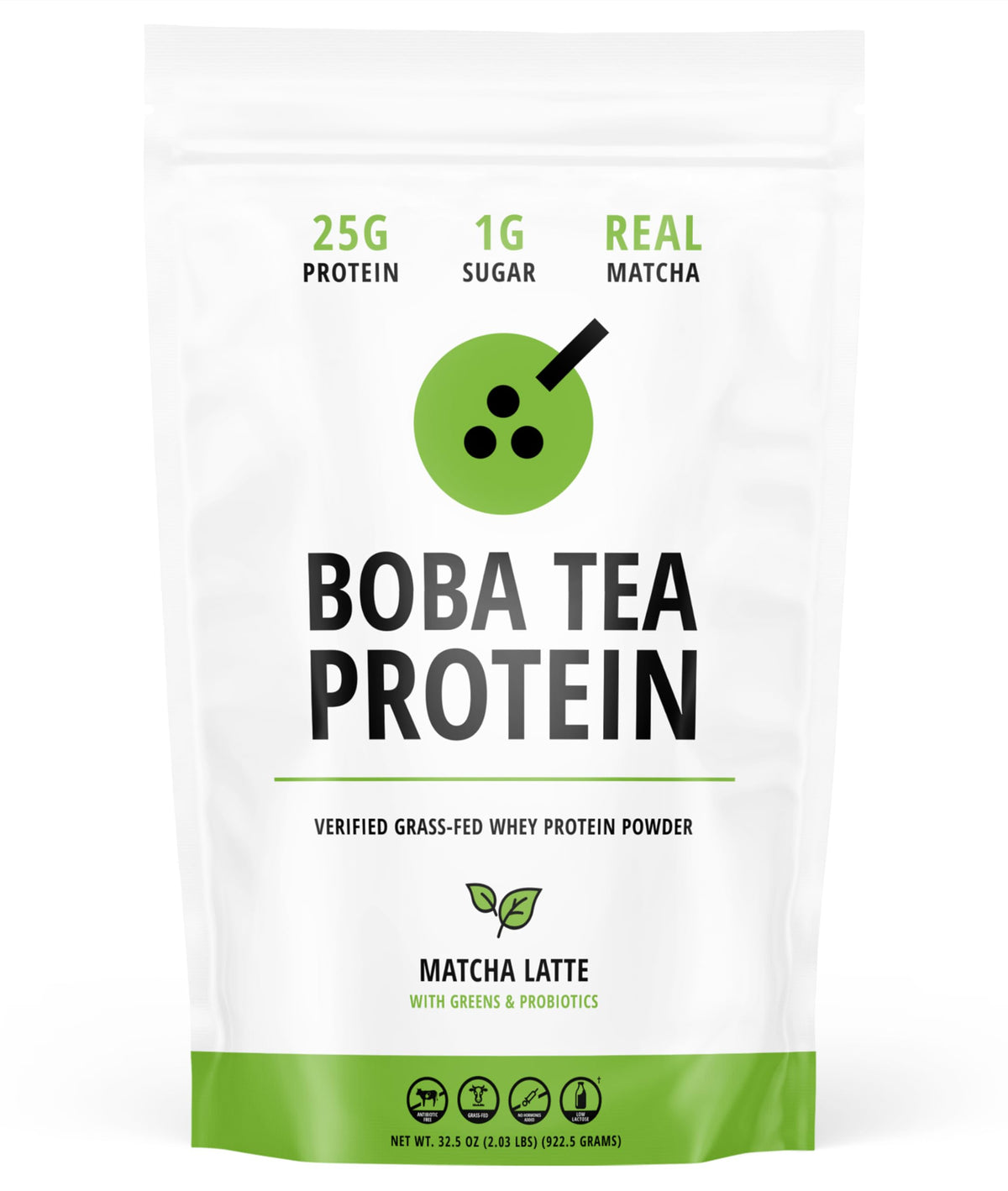 Boba Tea Protein Matcha Latte bottle label highlights grass-fed whey for lean recovery.