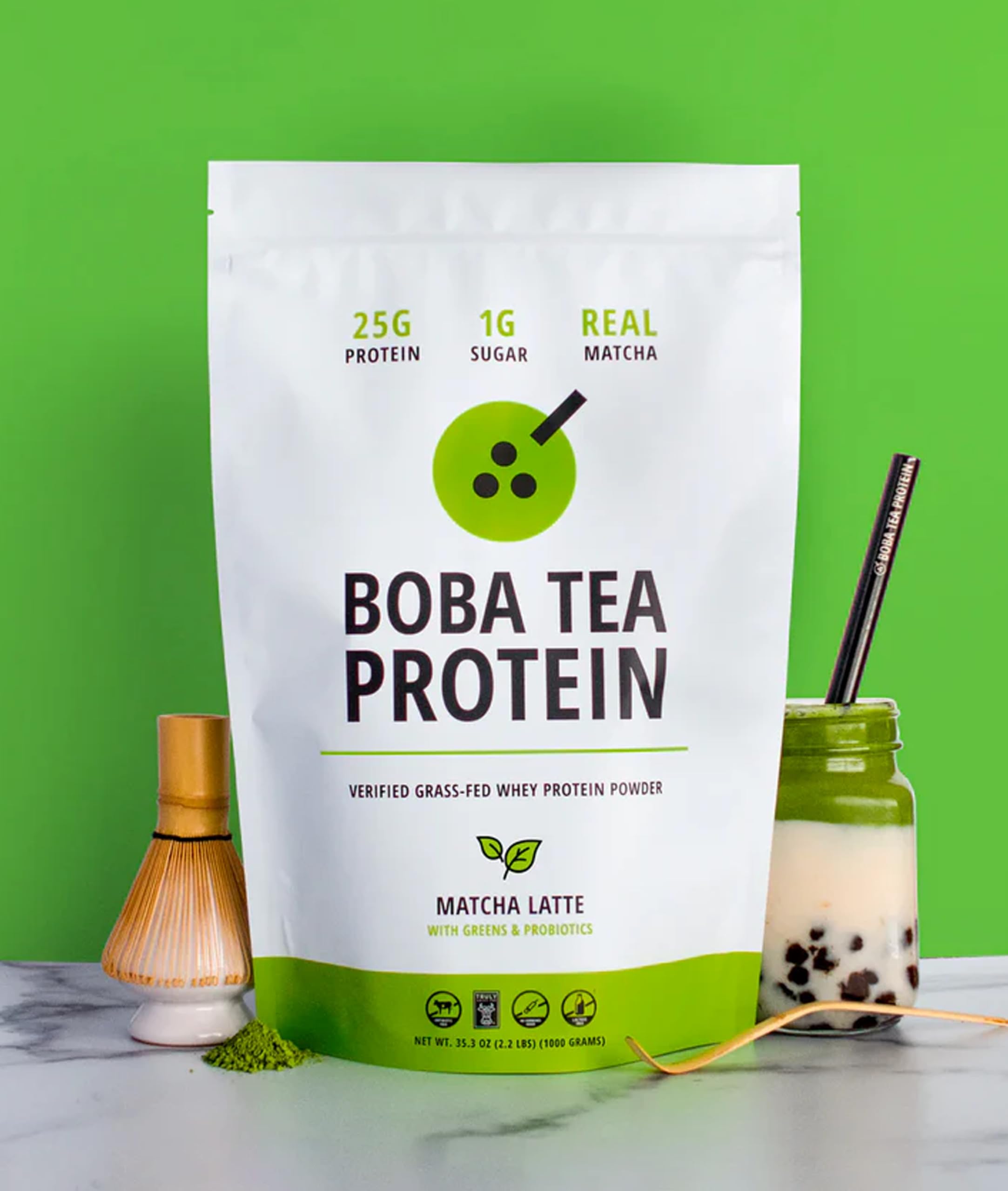 Boba Tea Protein Matcha Latte powder jar ready for a low-carb, creamy shake.