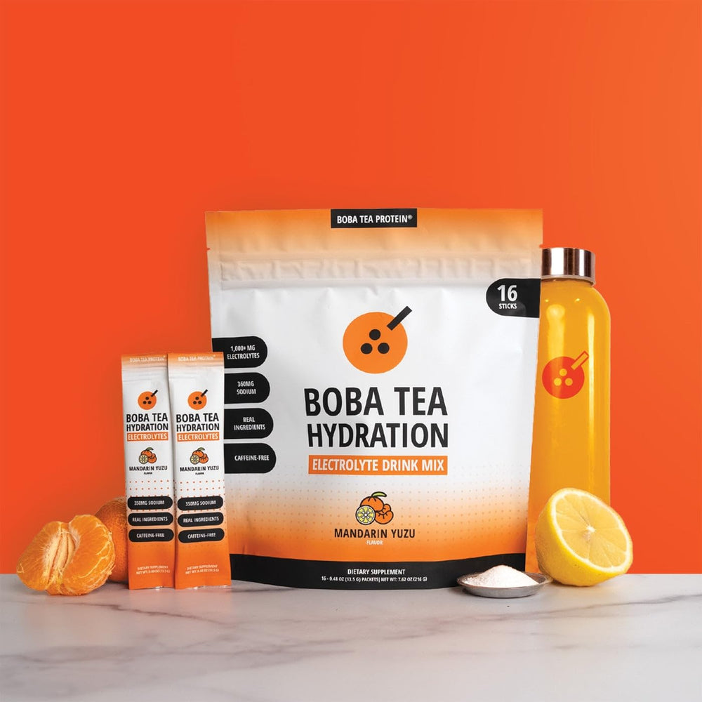 Boba Tea Protein powder dissolving in water for quick hydration.