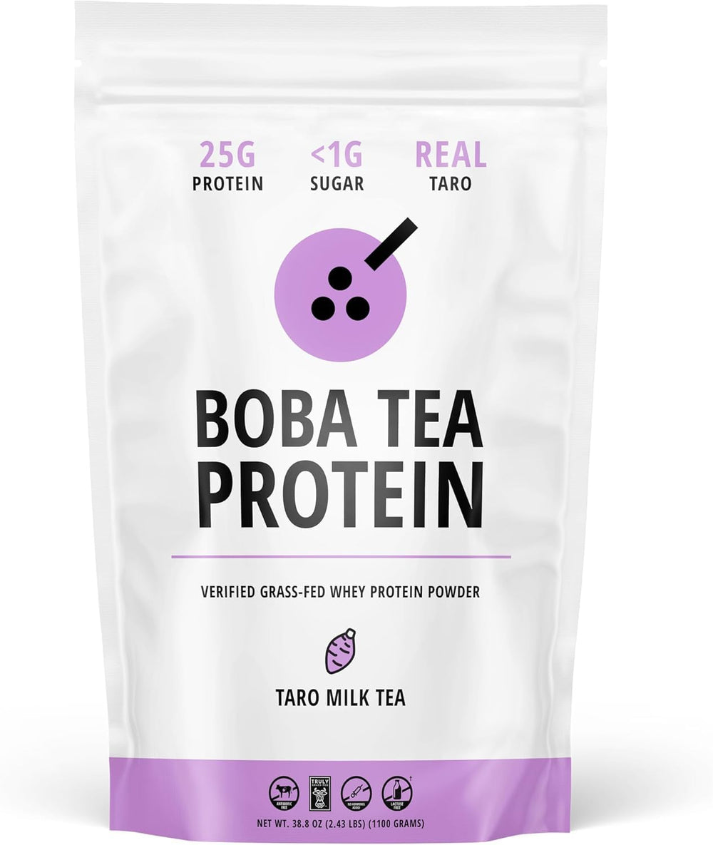 Boba Tea Protein taro milk powder tub showing protein mix visuals and branding