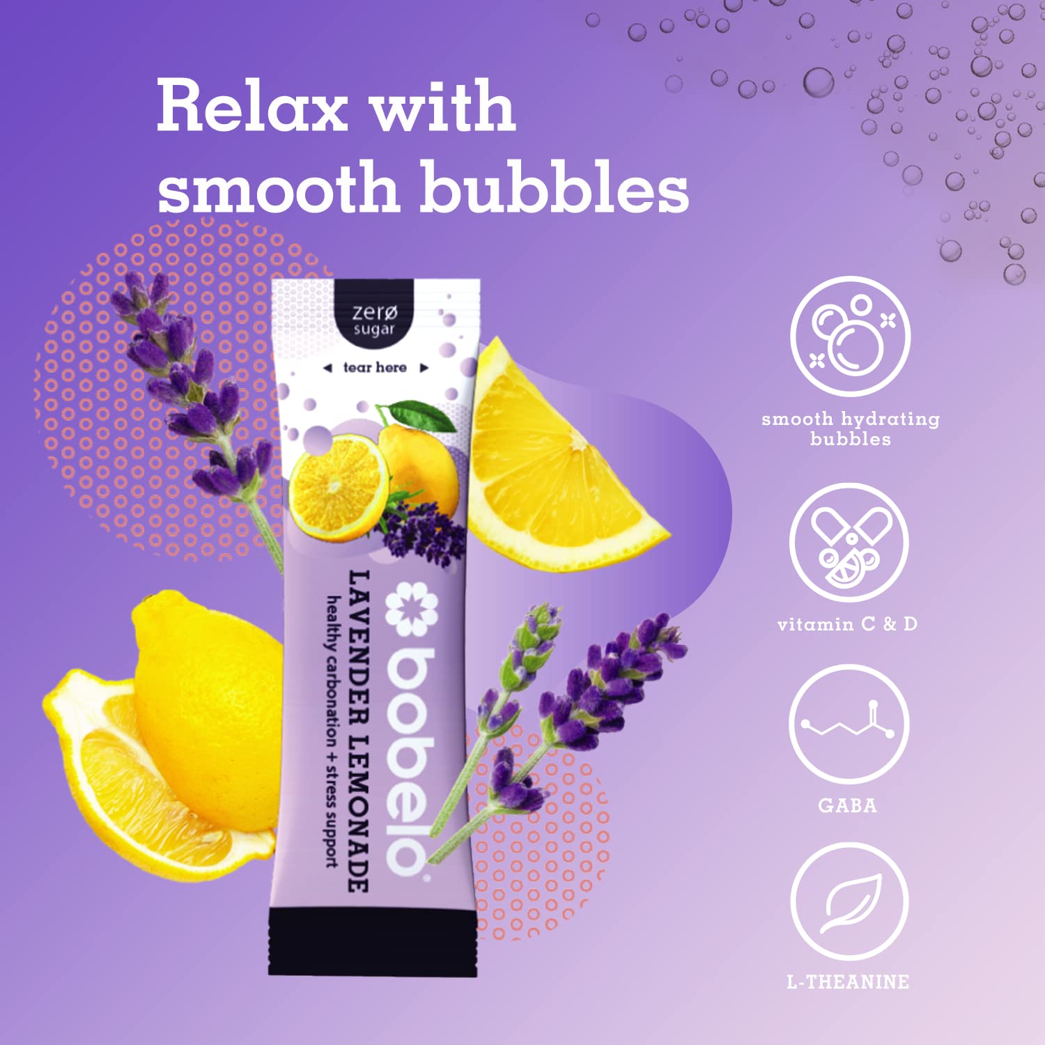 Bobelo lavender lemonade packaging shows convenient 30-pack for on-the-go hydration.