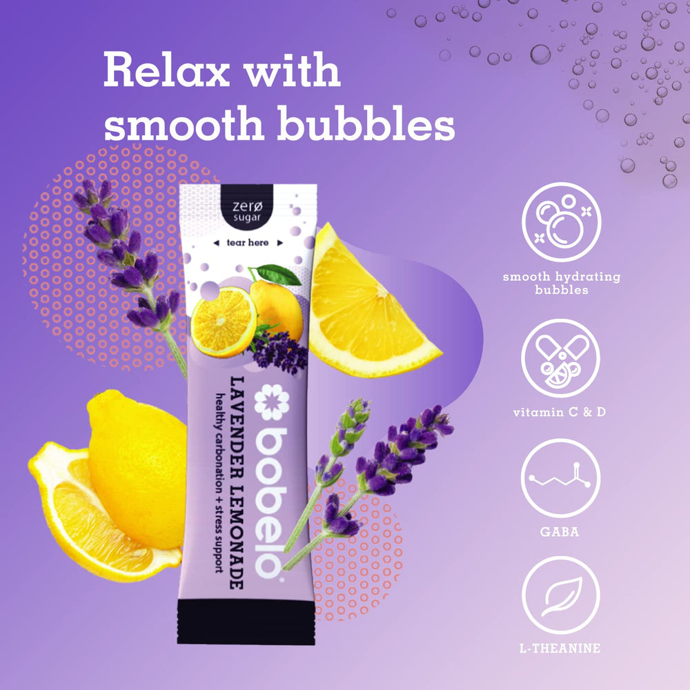 Bobelo lavender lemonade packaging shows convenient 30-pack for on-the-go hydration.