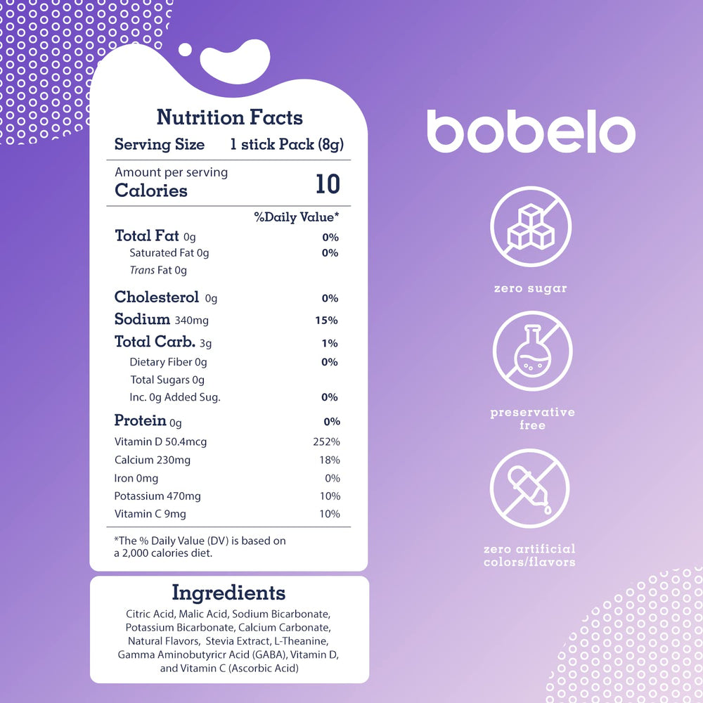 Bobelo packets are poured into water, illustrating quick mix and smooth micro bubbles.