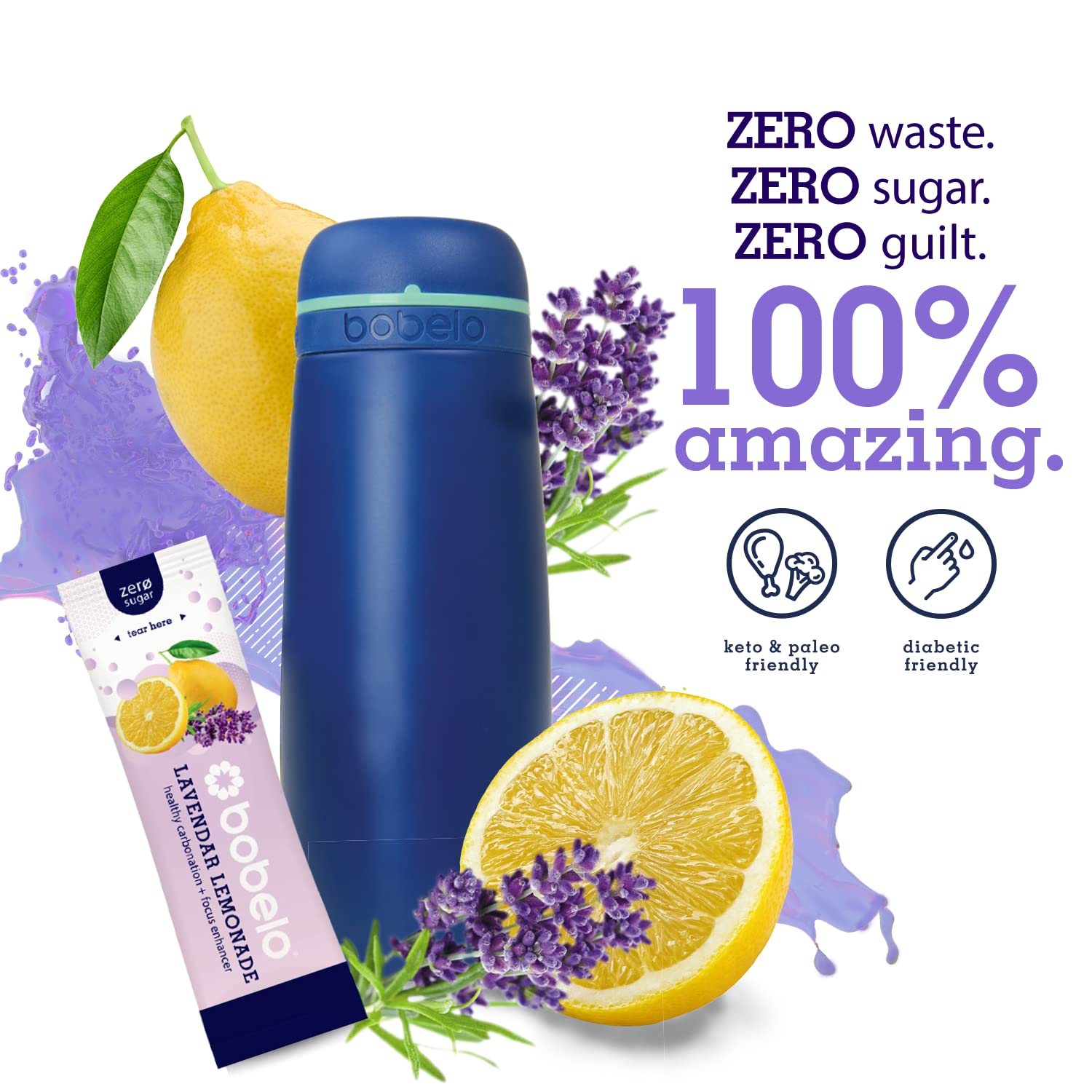 Bobelo ready-to-drink lavender lemonade in a glass demonstrates keto-friendly hydration.