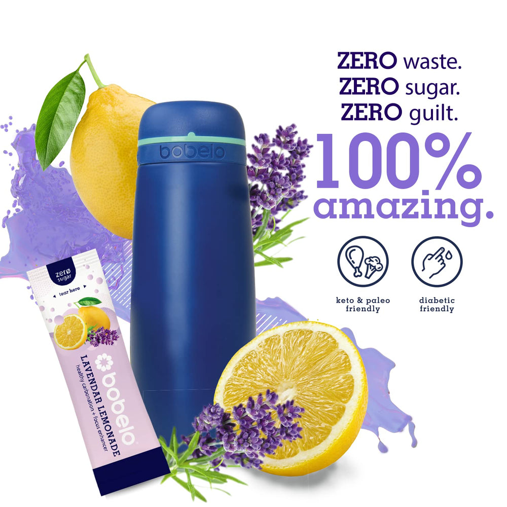 Bobelo ready-to-drink lavender lemonade in a glass demonstrates keto-friendly hydration.