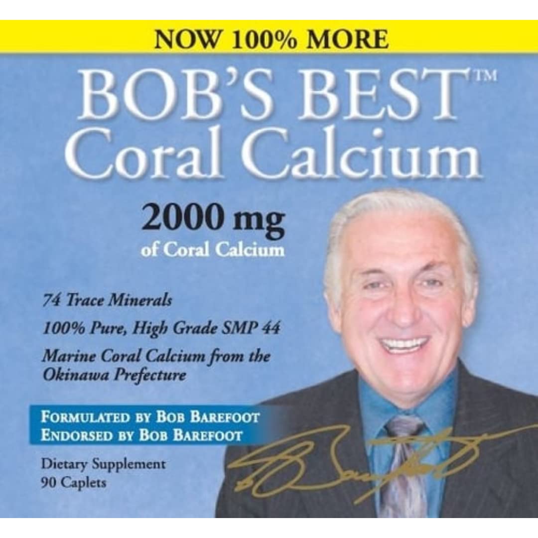 Bob's Best coral calcium caplets close-up highlighting compact daily supplement.