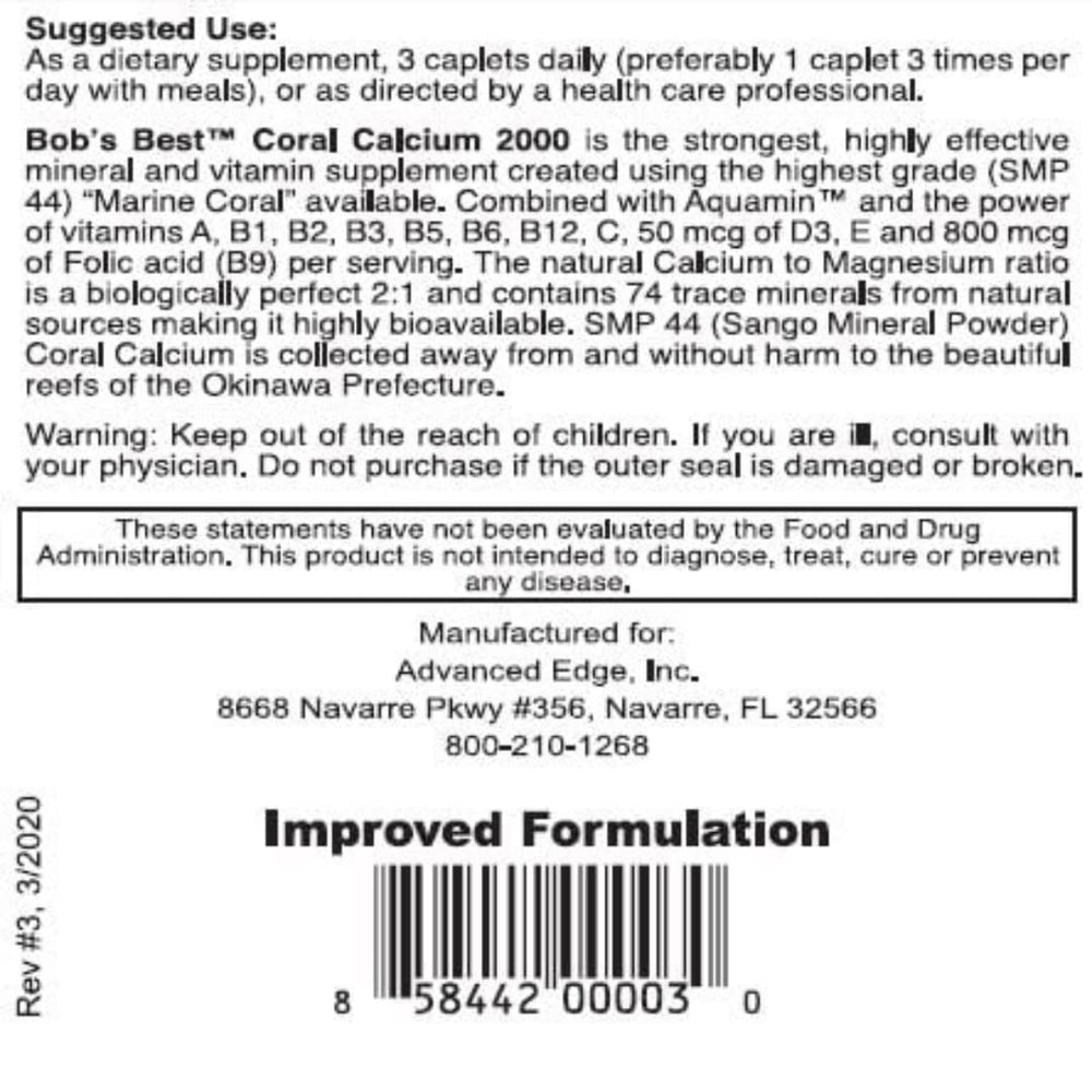 Bob's Best Coral Calcium ingredients label close-up showing trace minerals.