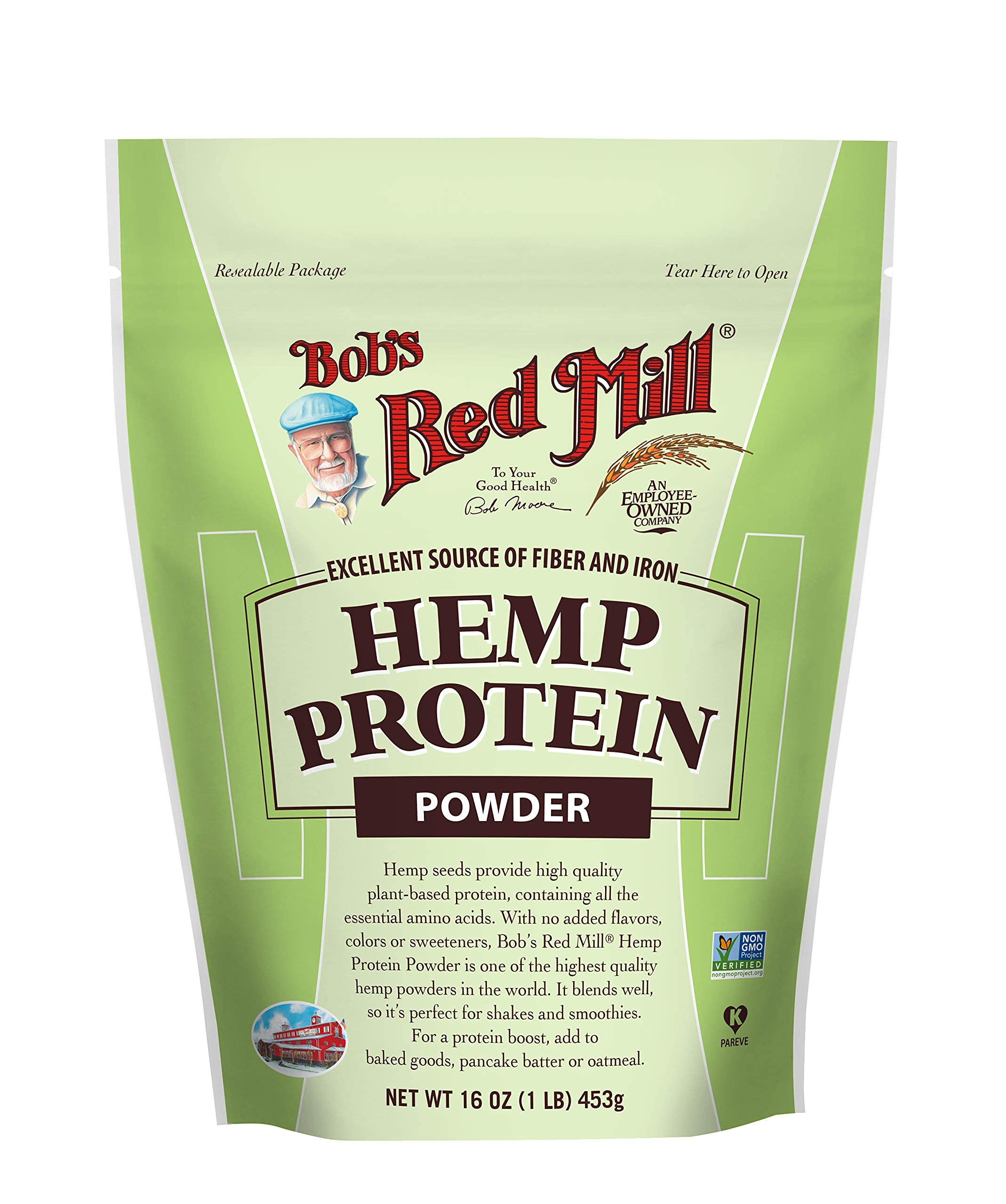 Bob's Red Mill hemp protein powder jar pour with resealable lid for on-the-go shakes