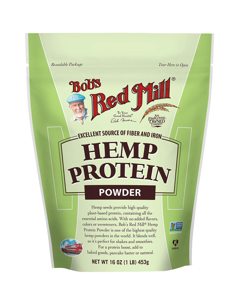 Bob's Red Mill hemp protein powder jar pour with resealable lid for on-the-go shakes