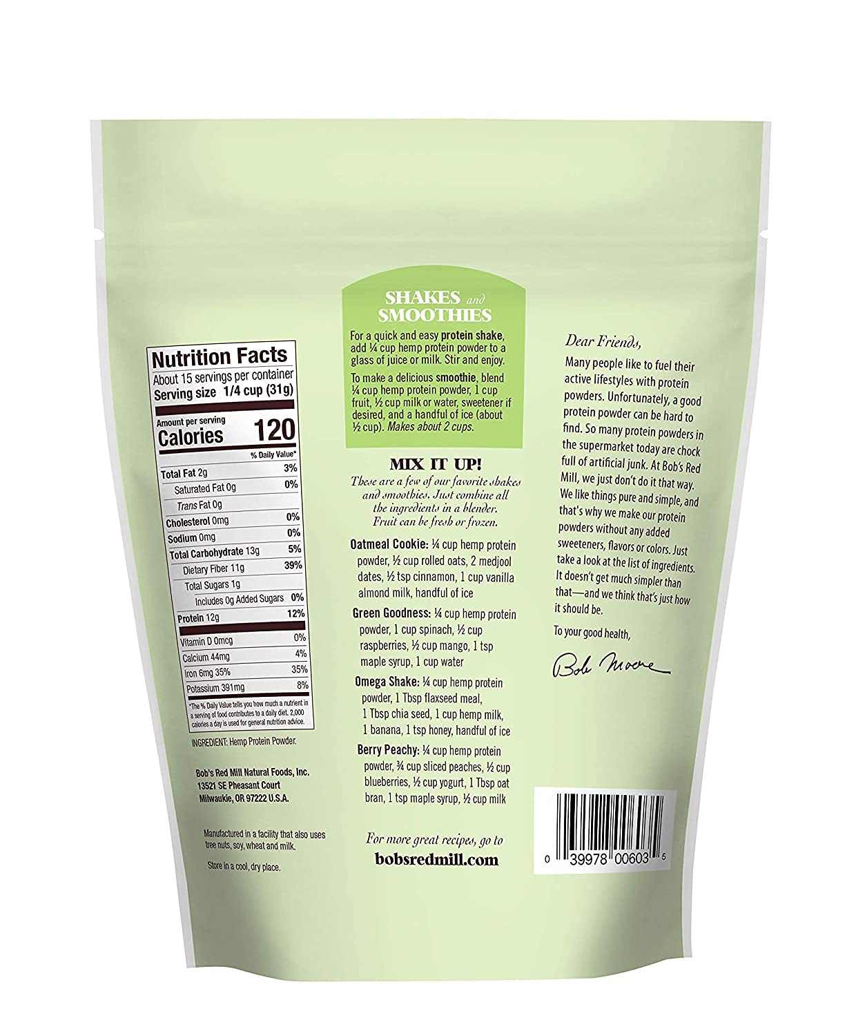 Bob's Red Mill hemp protein powder packaging front showing simple ingredients for fiber-rich nutrition