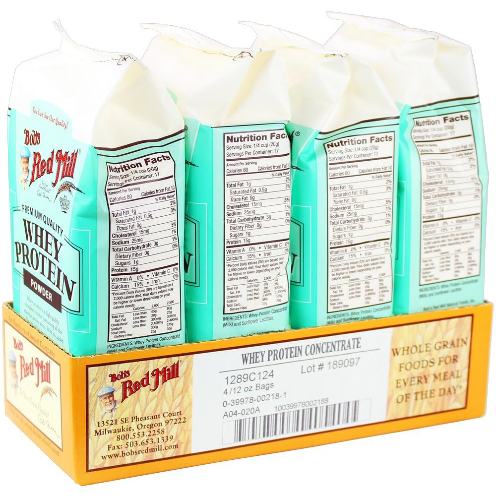 Four bags of Bob's Red Mill whey protein concentrate ready for shelf