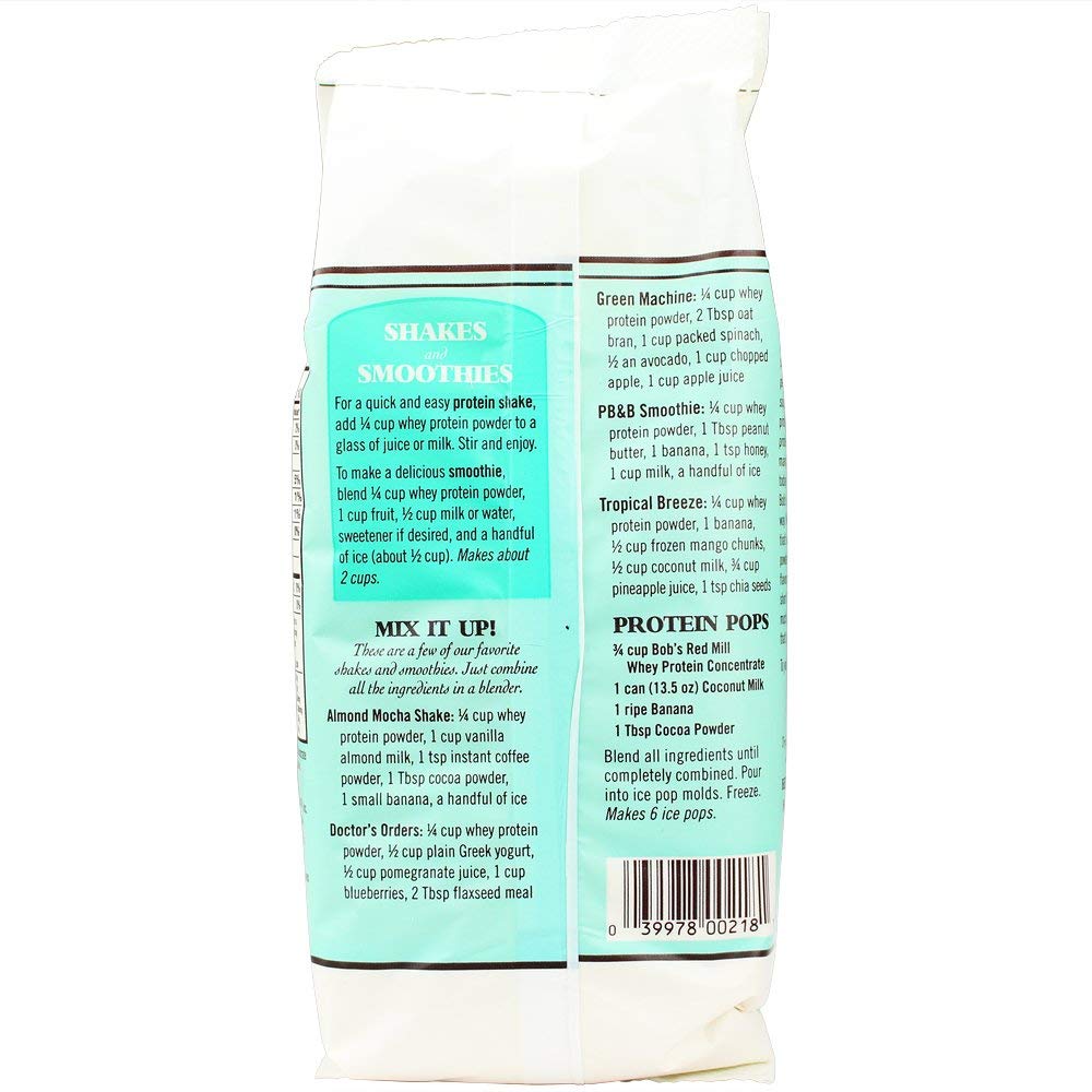 Nutrition label close-up of Bob's Red Mill whey protein concentrate