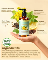 BOCACUE arnica extract bottle highlighting soothing massage benefits