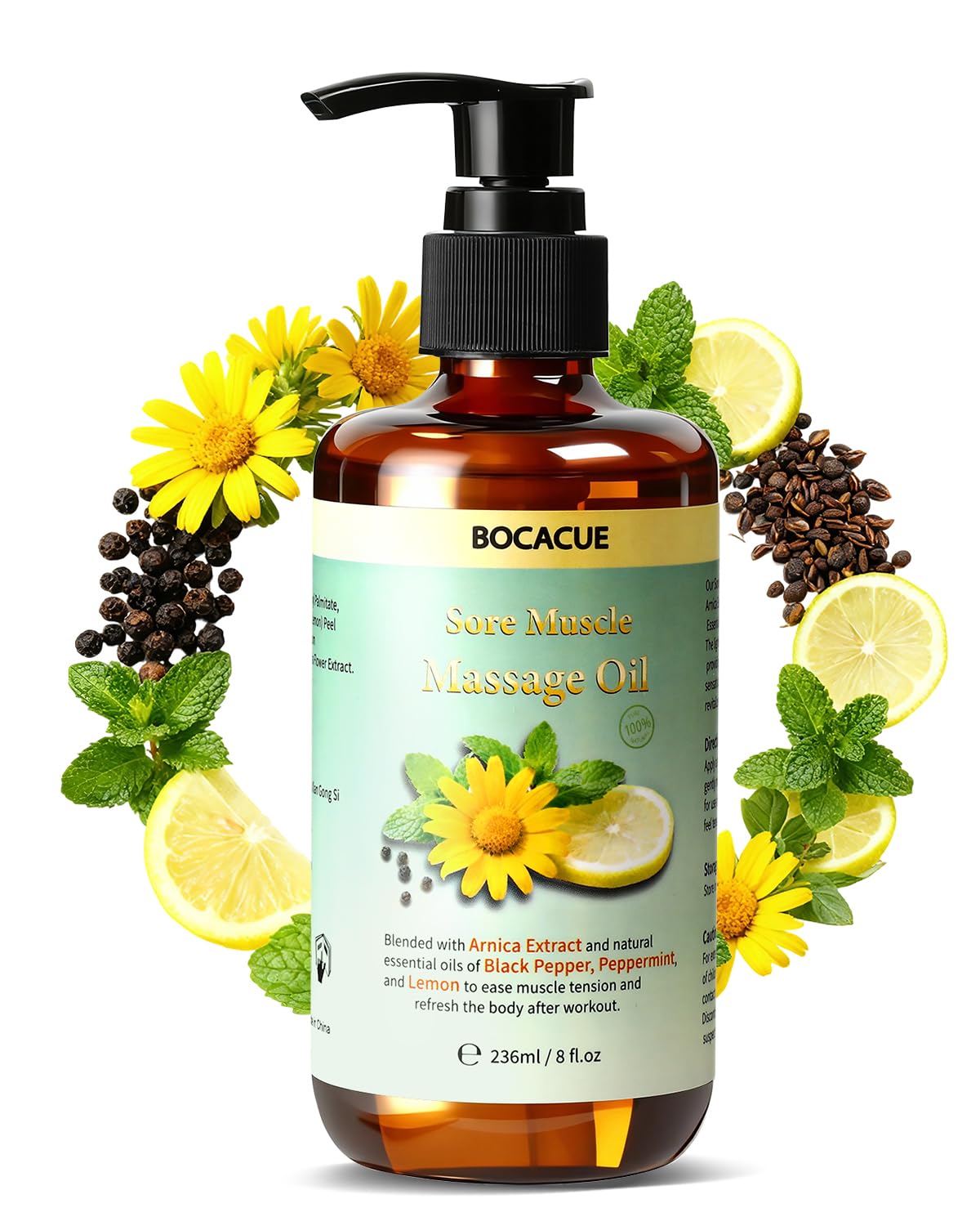 BOCACUE sore muscle massage oil bottle pouring for post-workout relaxation